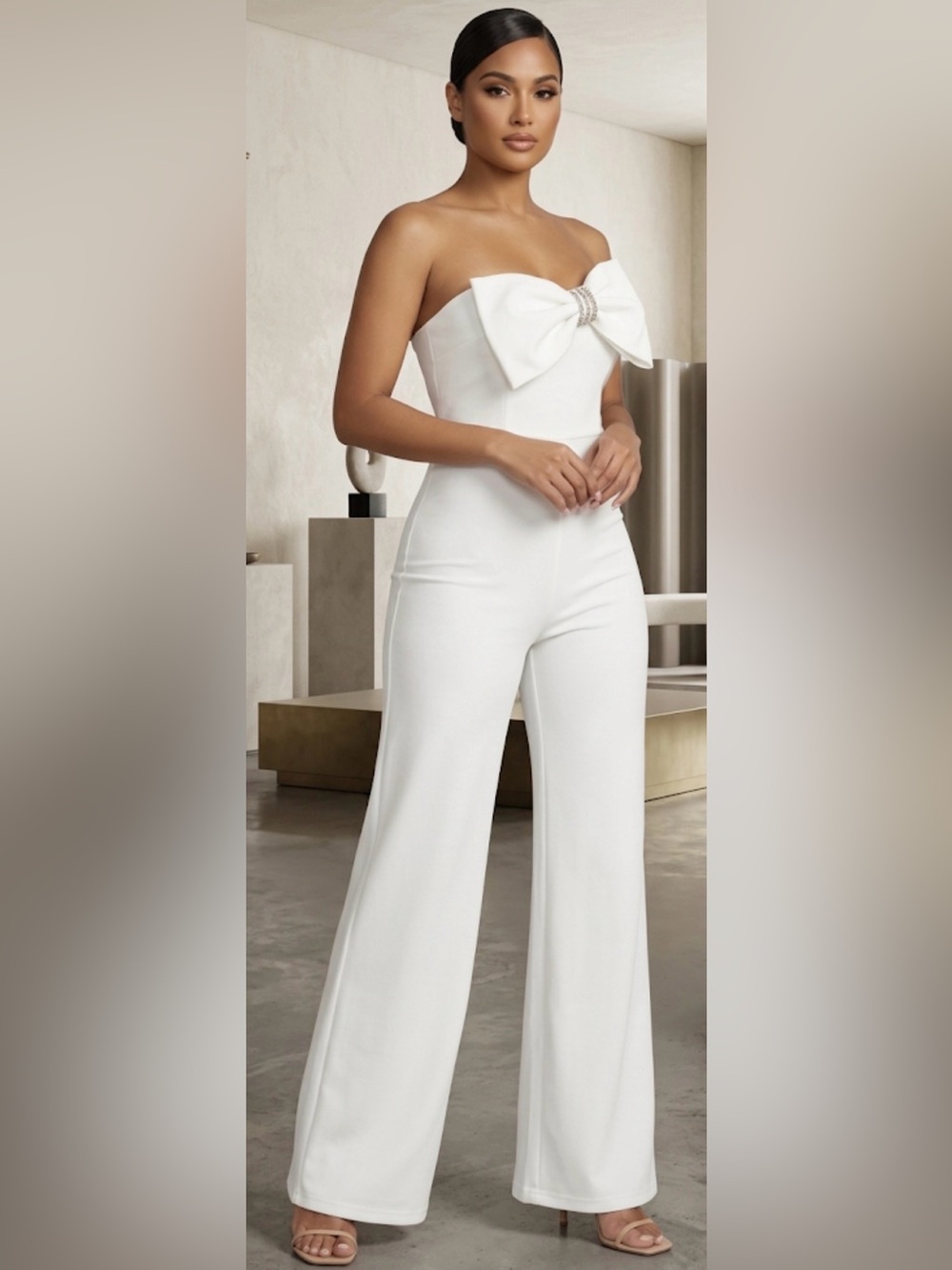 Strapless White Wide-Leg Jumpsuit with Statement Bow
